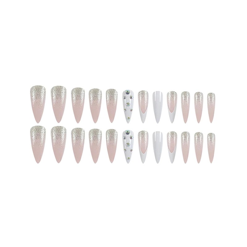 SINHOT Rhinestones Long Stiletto Fake Nails - Glossy Glue on White French Tip Acrylic Pink Almond Artificial Sparkly Glitter Stick on False Nails with Design 24 pcs - Image 3